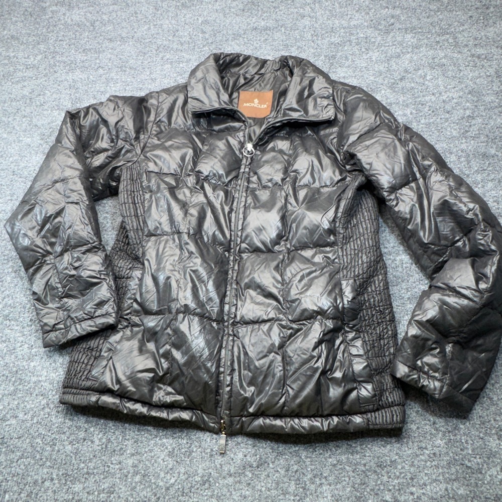 Vintage Moncler Down Puffer Jacket Womens Small Gray Quilted LAMPO Brown Tag 00s